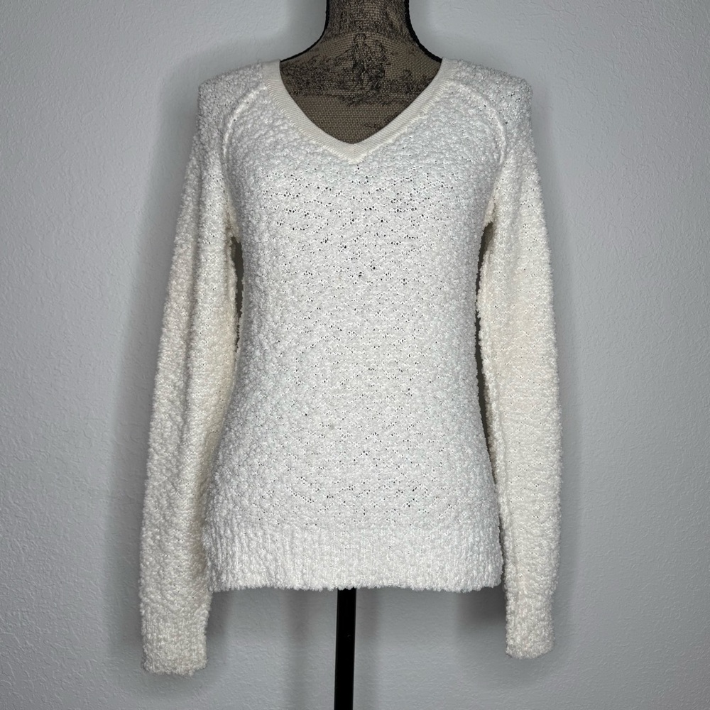 Sanctuary Cozy Textured Fuzzy Teddy White V-Neck Sweater Women’s XS